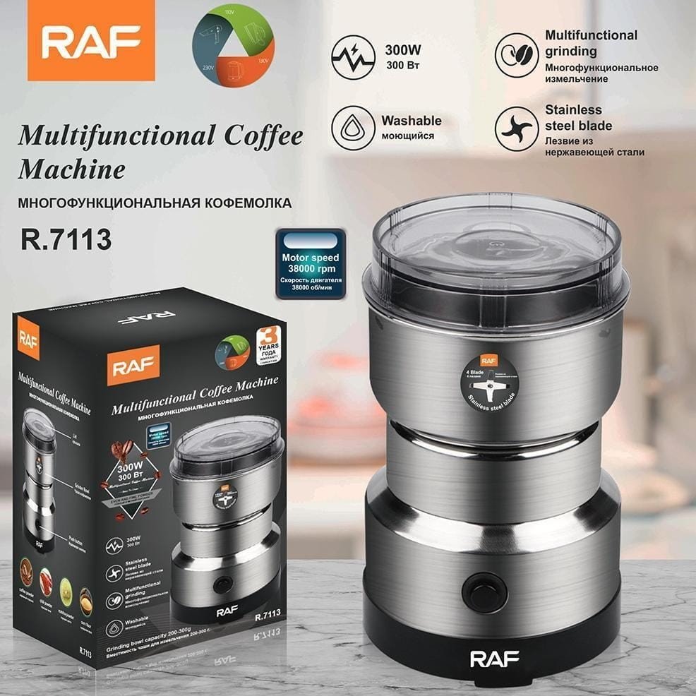 RAF R.7113 Multifunctional Electric Grinder - 300W Coffee Grinder Machine | Stainless Steel 4 Blades | 38000 RPM High Speed | For Coffee Beans, Spices, Masala, Dry Fruits & Grains | Washable Bowl 200-300g